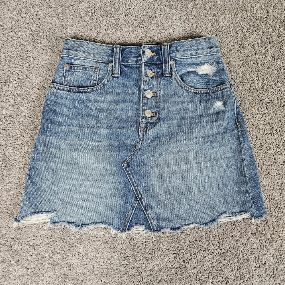 Madewell Mini Skirt Womens 25 Blue Rigid Denim A Line Distressed Boho Grunge